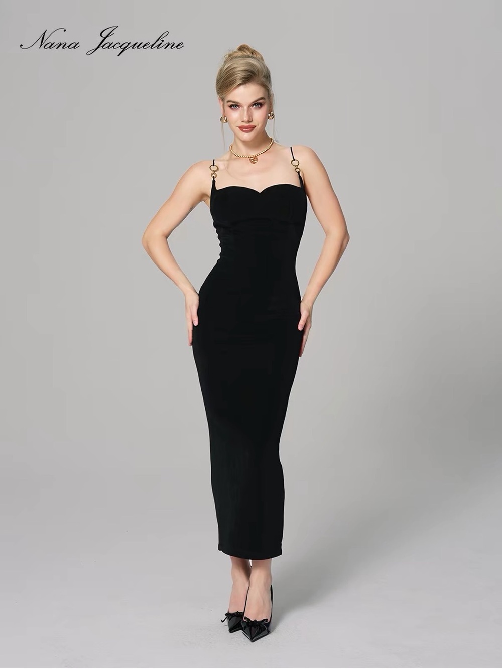 Nana Jacqueline Black Midi Dress with Gold Ring Straps